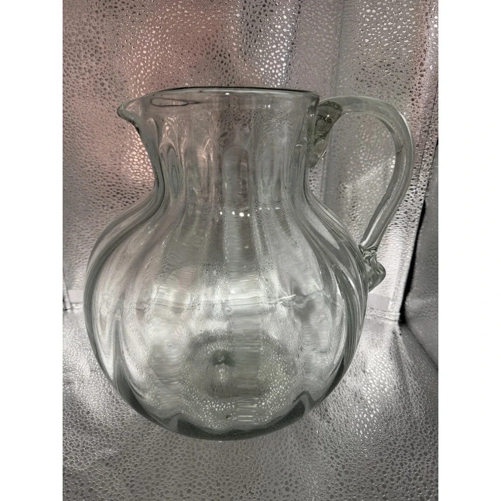 Vintage Large Handblown Glass Clear Pitcher Jug Optic Handled Ribbed 148 OZ